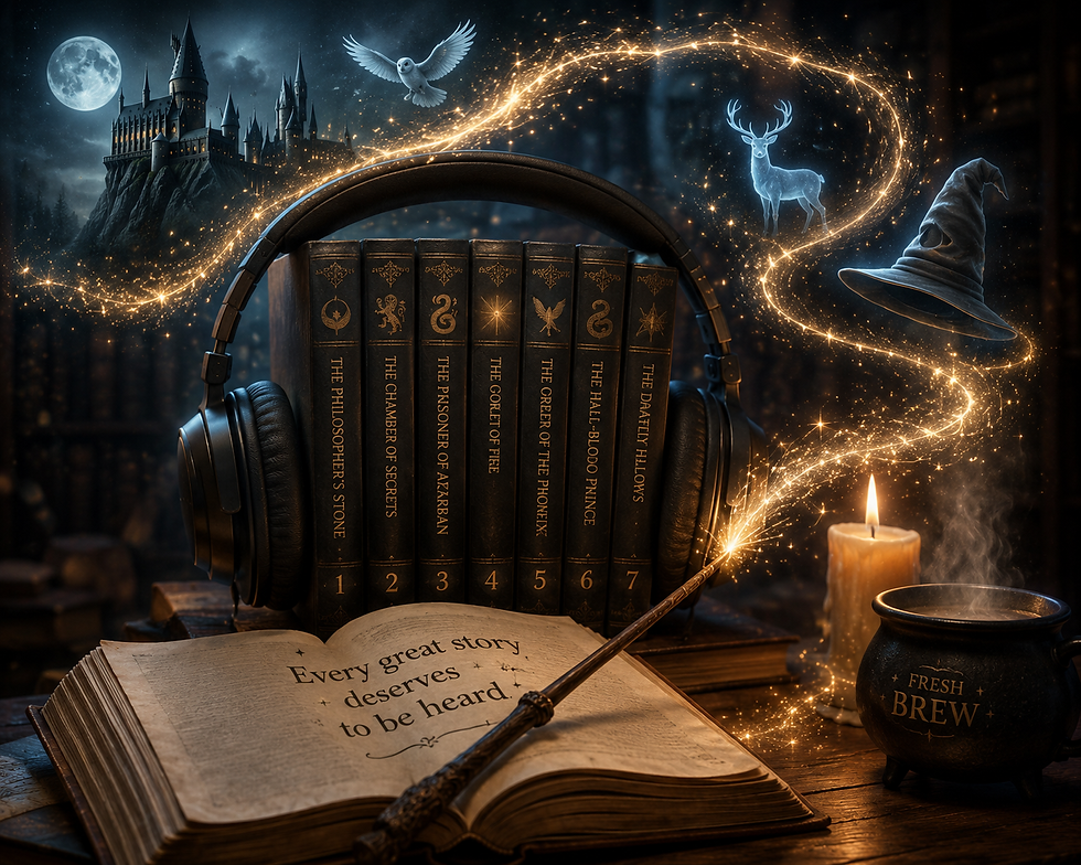 Fantasy-inspired illustration of Harry Potter audiobooks with headphones, magic wand, Hogwarts-style castle, owl, glowing Patronus stag, and magical effects representing audiobook storytelling.