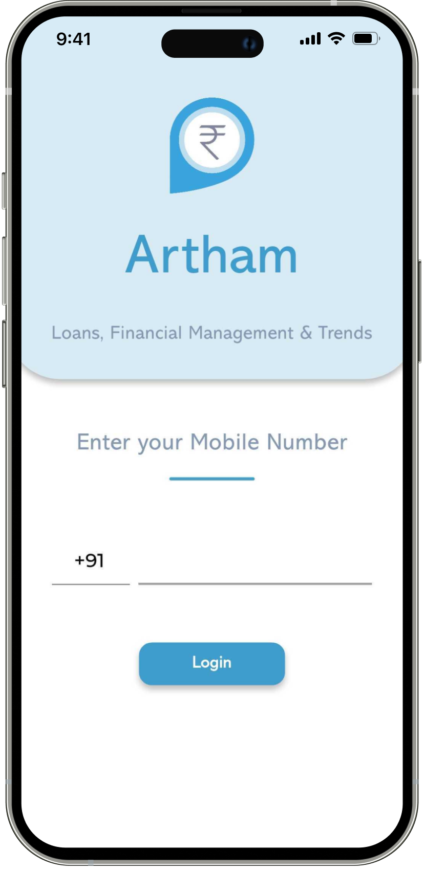 Artham Loans app login screen with mobile number verification and secure sign-in.