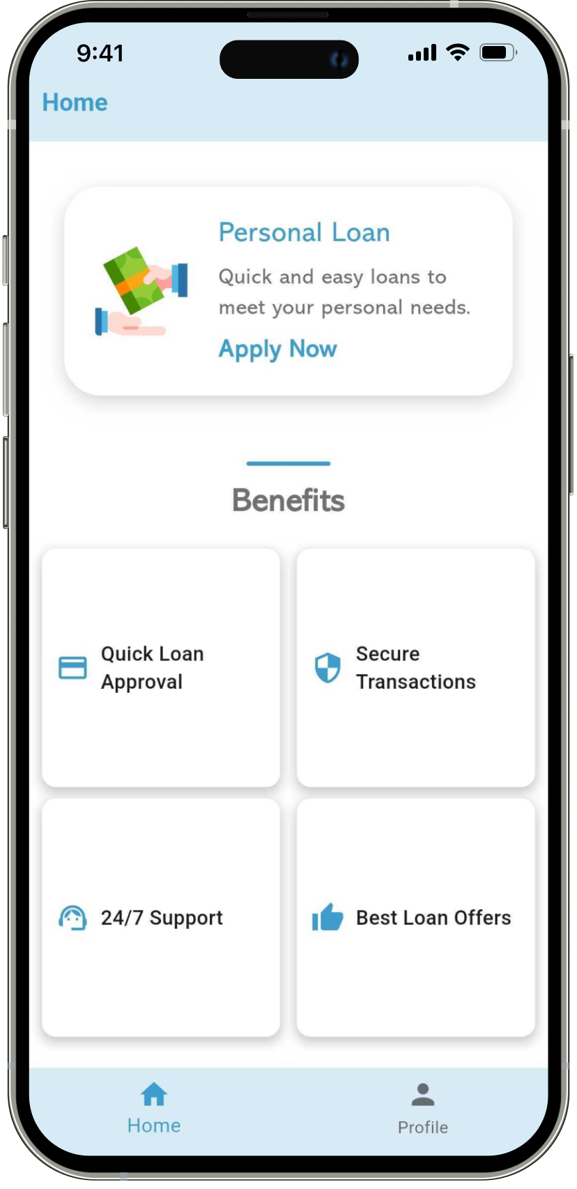 Artham Loans app home dashboard showing loan offers, tracking, and quick apply option.”