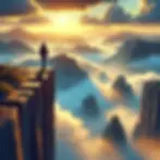 A person stands on a cliff edge at sunrise, overlooking a misty mountainous landscape. The scene is vibrant and serene. No text visible.