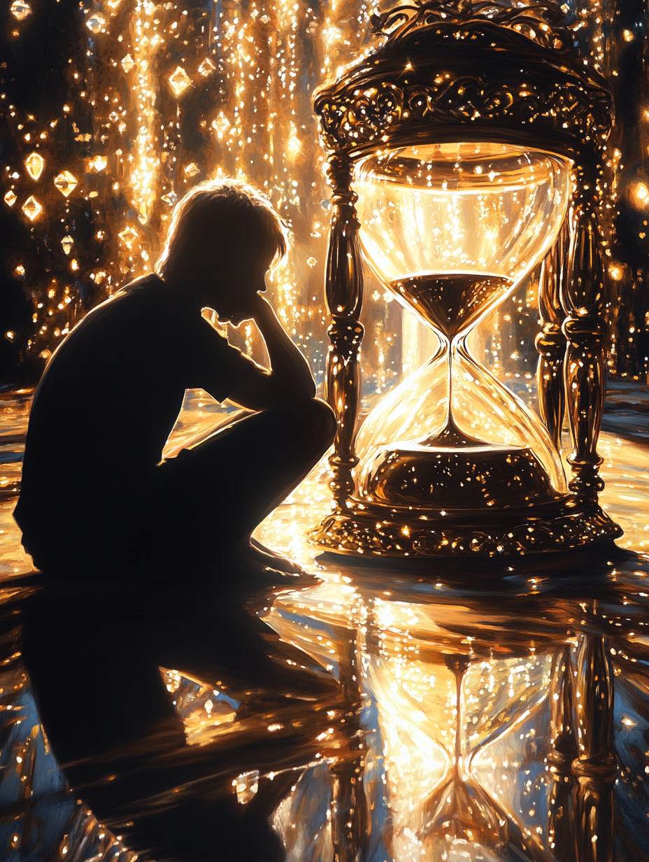 A person contemplating in front of an hourglass, representing the deep reflection on time and the value of past experiences