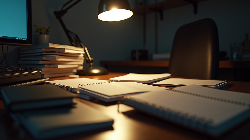 Eye-level view of a cluttered desk with scattered notebooks and a dimly lit lamp