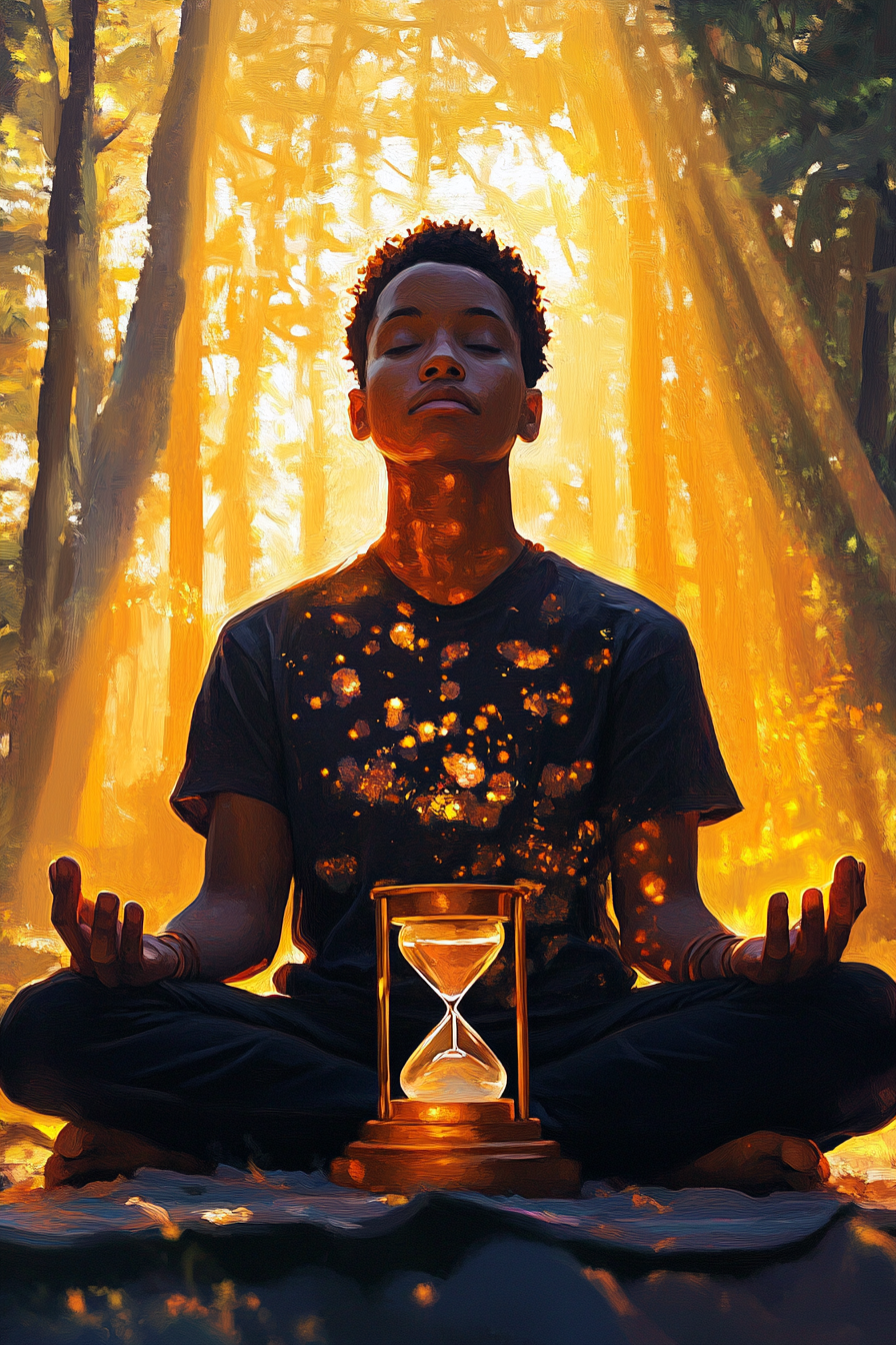 A person sitting peacefully, meditating with an hourglass nearby, symbolizing the practice of mindfulness and reflection on past experiences.