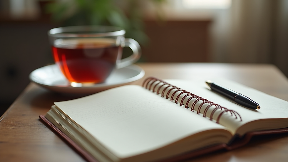 Eye-level view of a cozy workspace with a notebook and a cup of tea