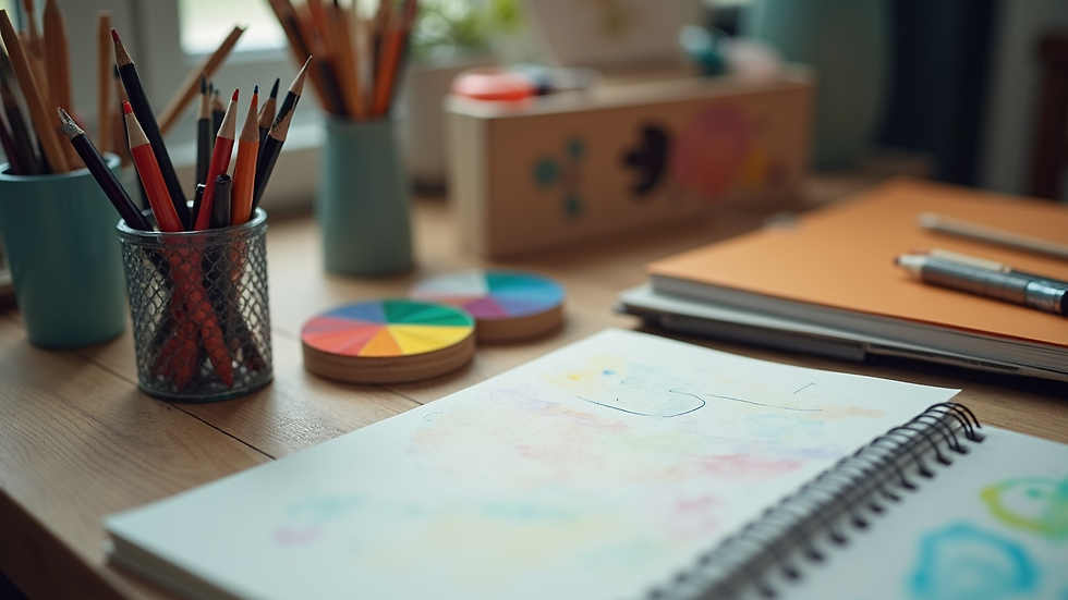 Close-up view of a desk with colorful art supplies and a sketchbook