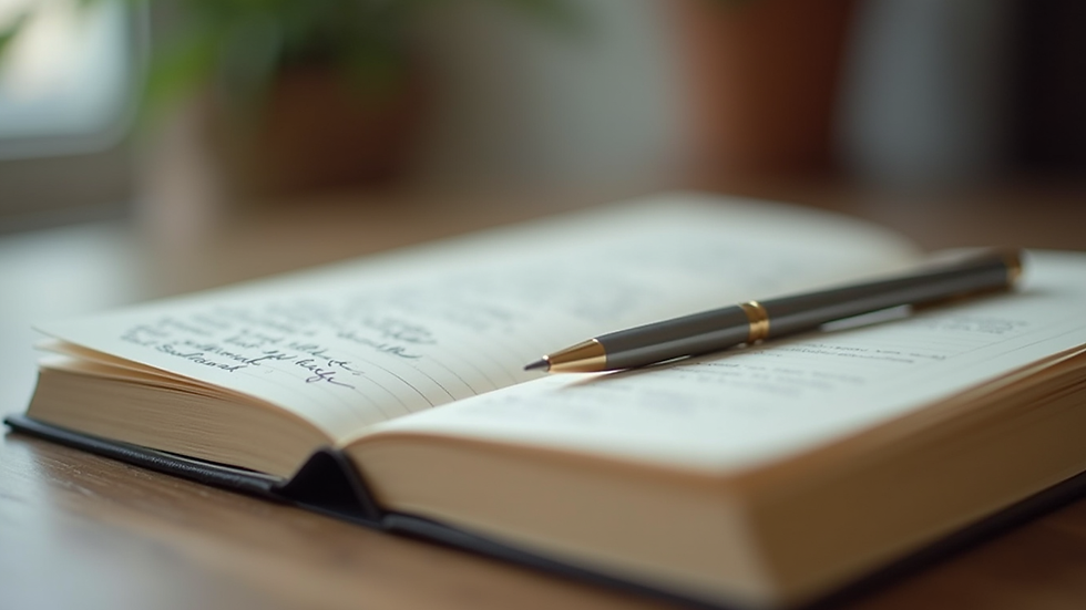 Close-up view of a journal with handwritten notes and a pen on a wooden table