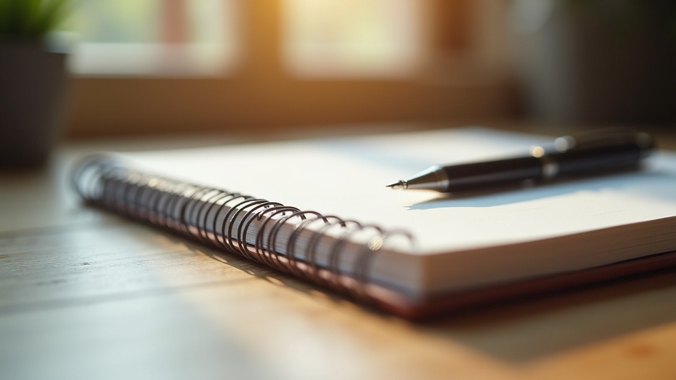 Close-up view of a journal and pen on a wooden desk with soft natural light