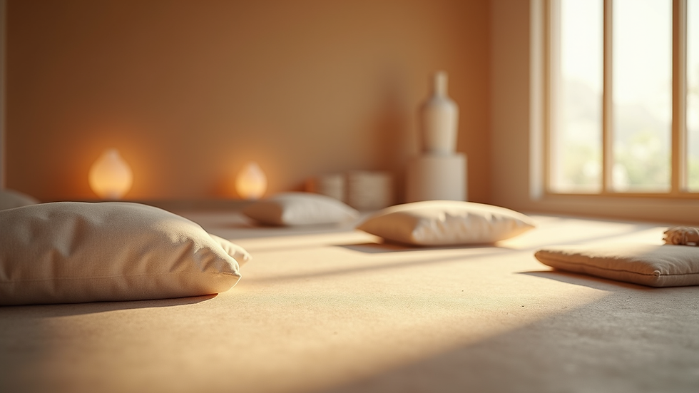 Eye-level view of a serene meditation space with cushions and soft lighting