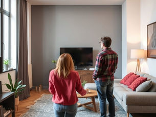 Couple d'investisseurs débutants qui visite son nouvel appartement