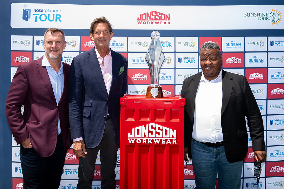 (From left to right): Thomas Abt, Commissioner of the Sunshine Tour; Nick Jonsson, CEO and Chairman of Jonsson Workwear and Musa Mbhele, City Manager of eThekwini Municipality, at the launch of the Jonsson Workwear Durban Open at Durban Country Club on Tuesday. Sunshine Tour