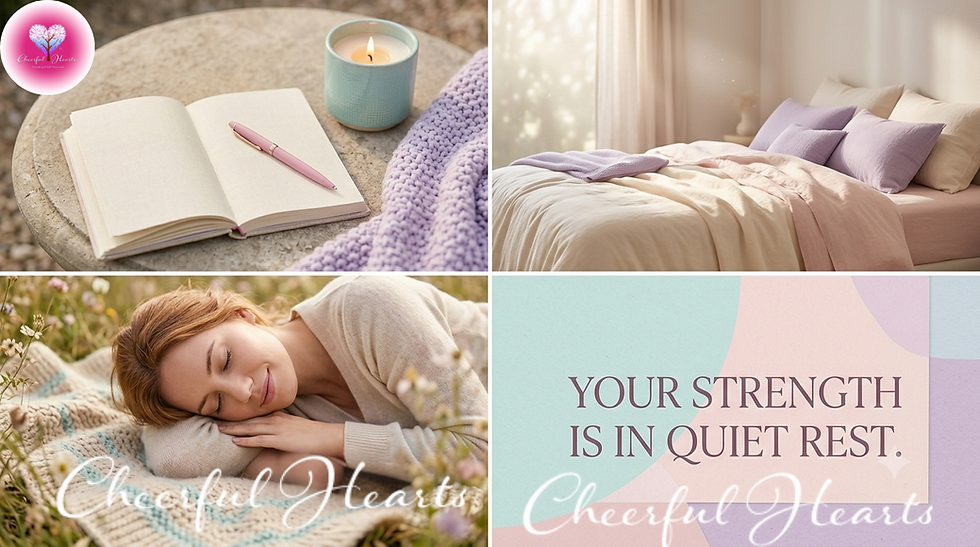 Woman resting peacefully with coffee and journal, representing emotional healing and rest without guilt.