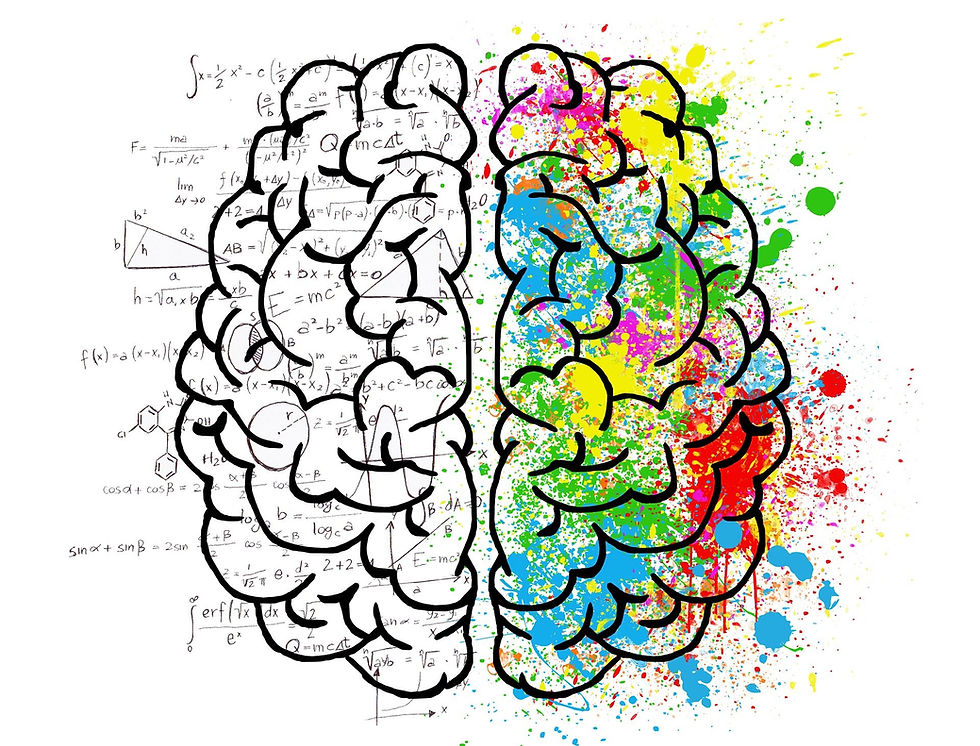 An image of the brain showing the logical side and the creative side, with logical side showing math symbols and creative side with colorful paint splatters