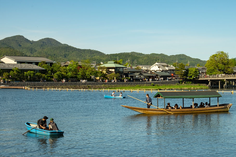 Rowboats with passengers on a calm lake near a town and green mountains under a clear blue sky.
