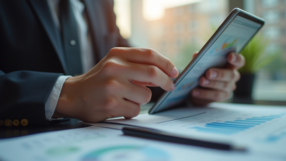Close-up view of a business owner reviewing financial reports on a tablet