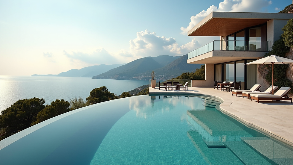 High angle view of a luxurious villa overlooking the Mediterranean Sea