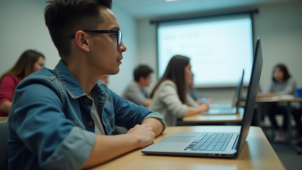 Eye-level view of a person in a classroom learning digital skills