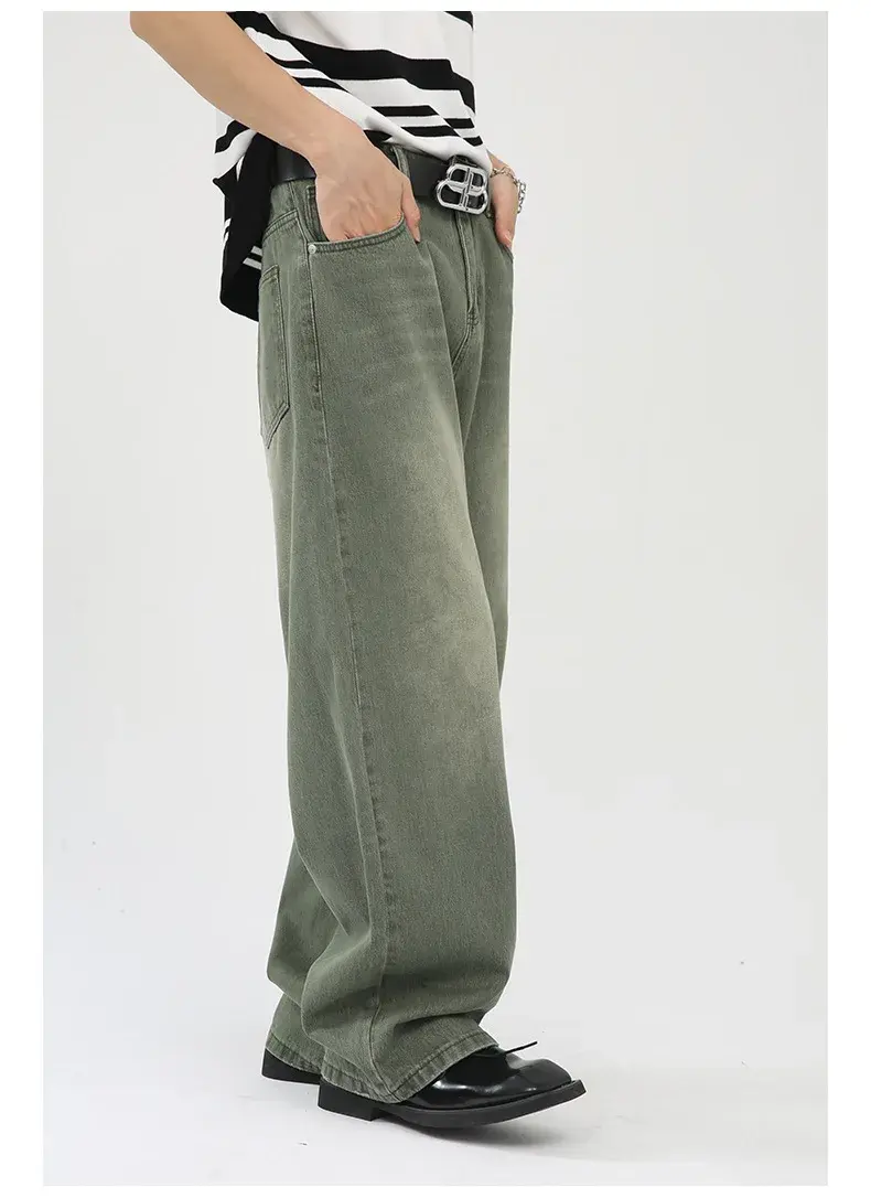 Thumbnail: 2024 Grey Green Custom Denim Wash Jeans Baggy Fit Custom Stacked Jeans Men