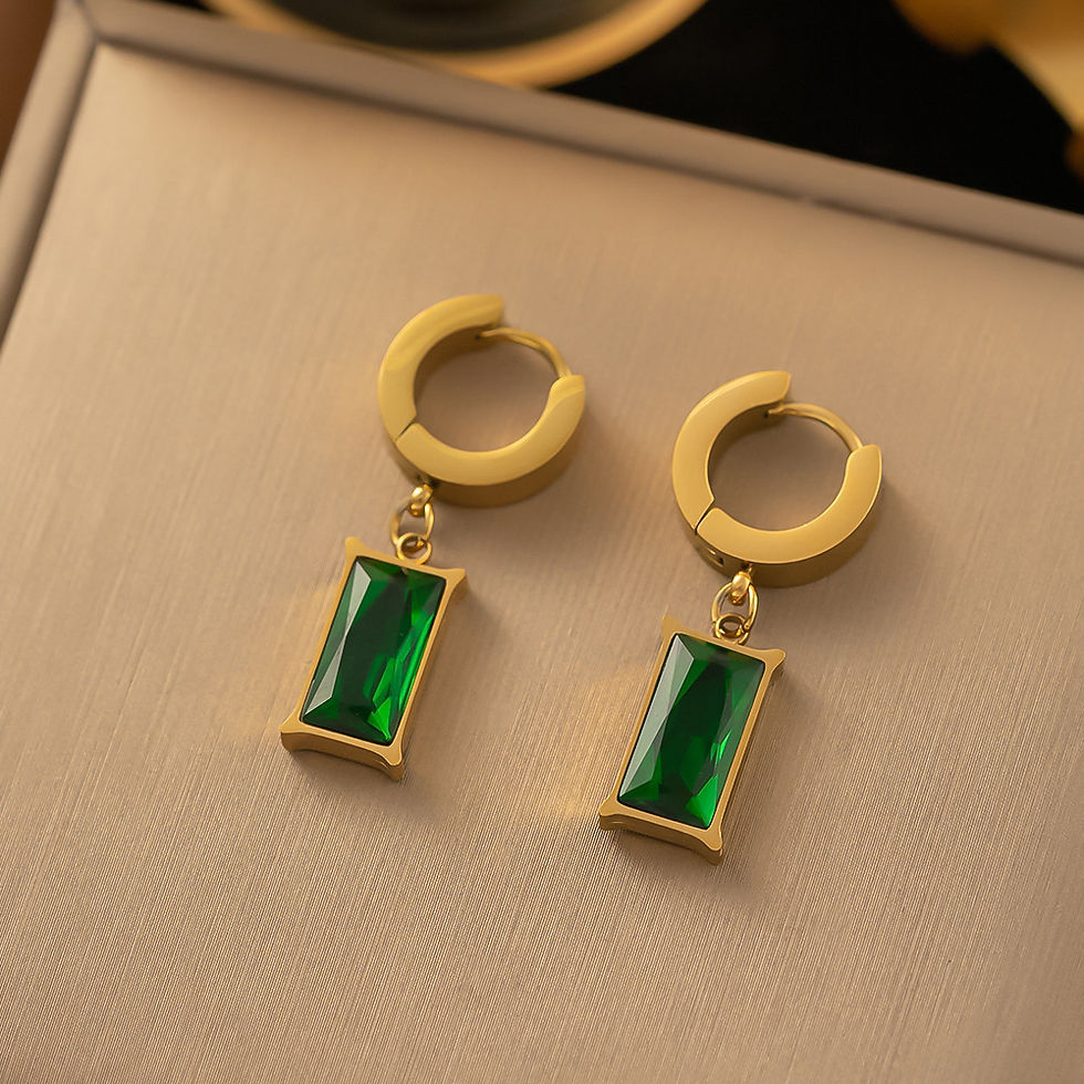 Thumbnail: Stainless Steel Square Green Crystal Zircon Necklace Earrings Jewelry Set For Wo