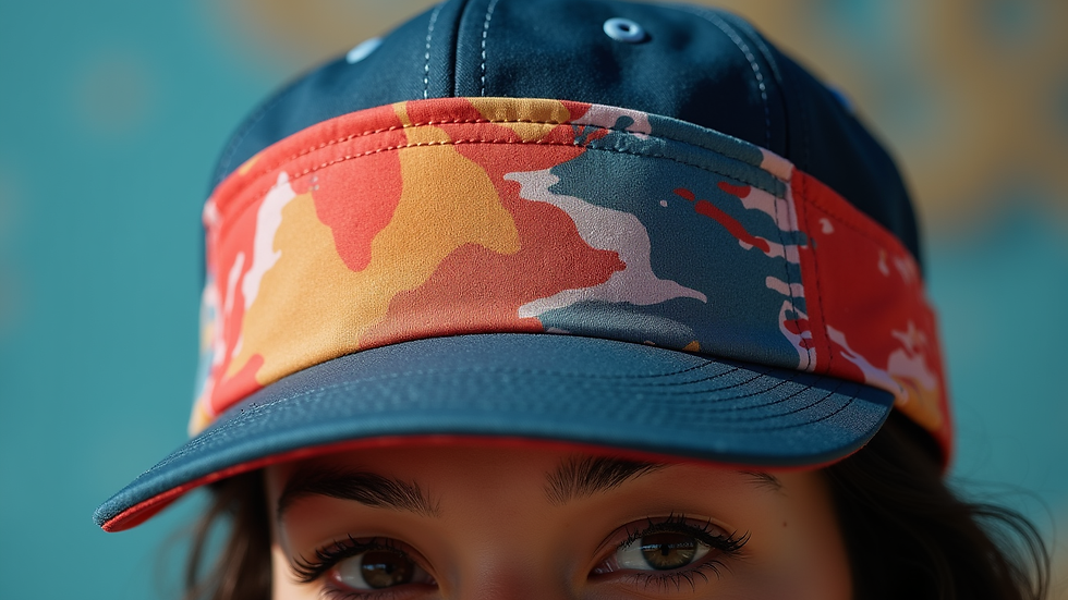 Close-up of a flat visor cap with colorful digital print