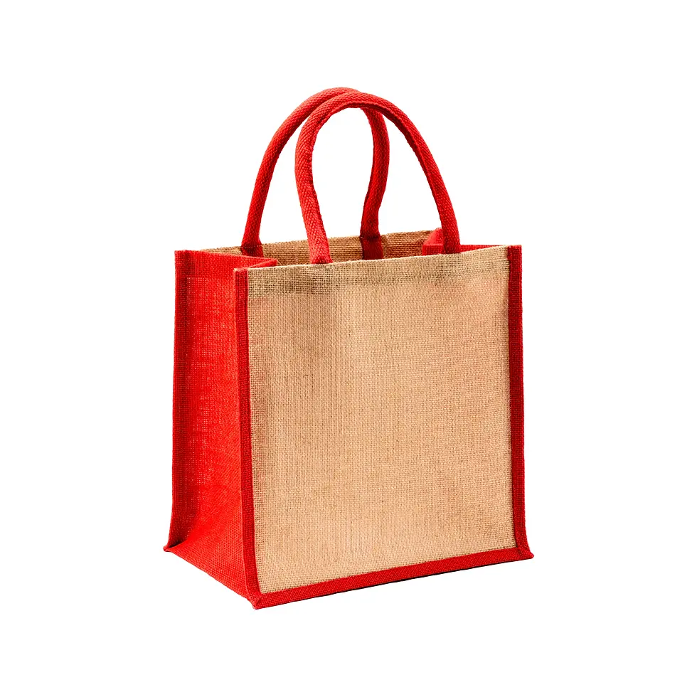 Miniatura: Mini borsa shopper in juta con manici e inserti colorati