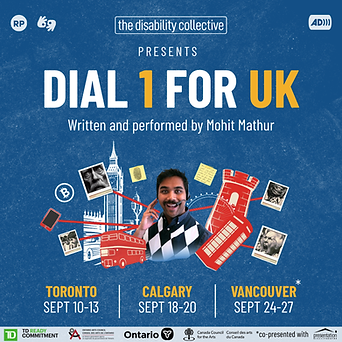 Blue promotional poster for Dial 1 for UK by Mohit Mathur. The poster features a photo of the performer surrounded by illustrated London landmarks and travel-themed graphics. It includes a five-star review and tour dates: Toronto (Sept. 10–13), Calgary (Sept. 18–20), and Vancouver (Sept. 24–27). Accessibility icons indicate relaxed performance and audio description.