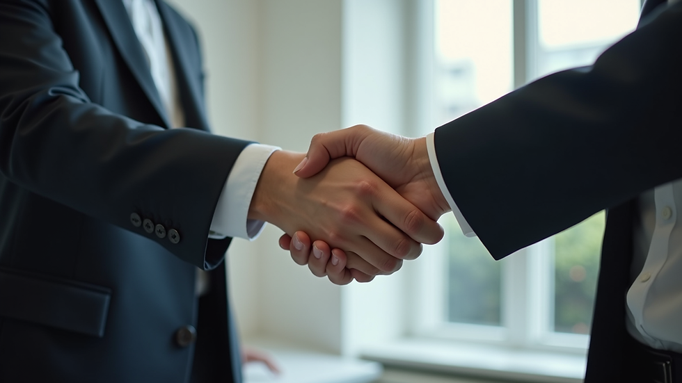 Close-up view of a person shaking hands with a lawyer in an office