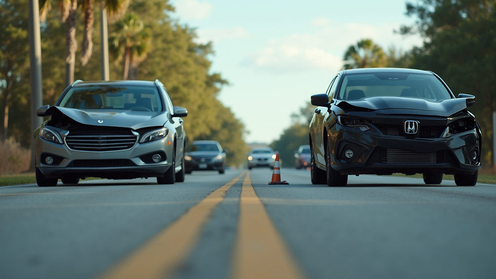 Eye-level view of a car accident scene with damaged vehicles on a Florida road