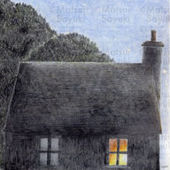 静かで優しい夜。
鉛筆と水性クレヨンで描いた、家と木と夜空。