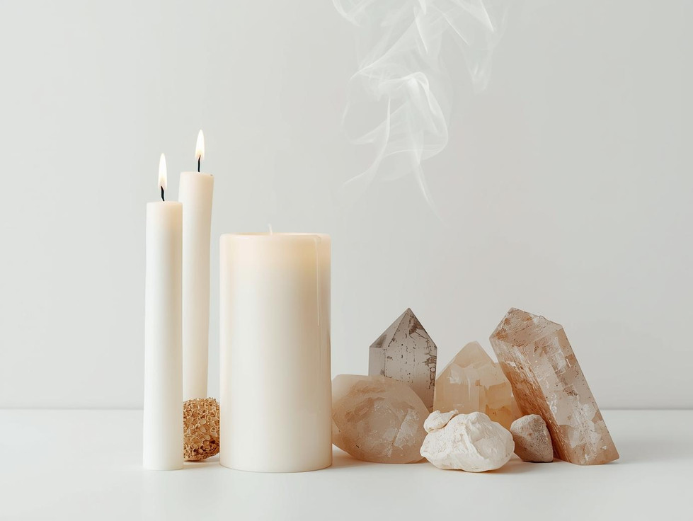 White candles, incense smoke, crystals, minimal clean background, calm spiritual environment.jpeg