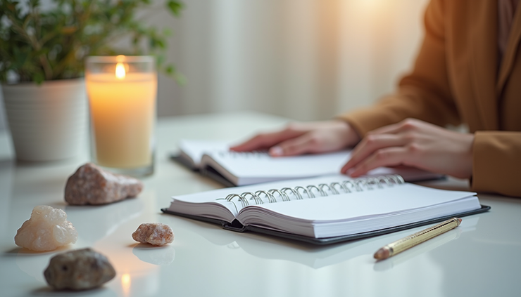 Eye-level view of a clean desk with a notebook, crystals, and a candle arranged for spiritual consultation