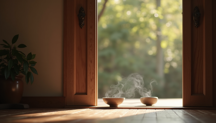 Eye-level view of a doorway cleansing setup with incense and a bowl