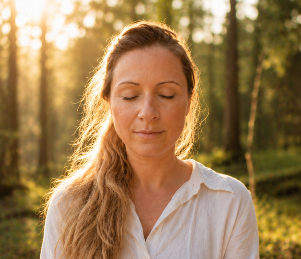 Eine Frau die die Augen geschlossen hält und in tiefer Meditation ist