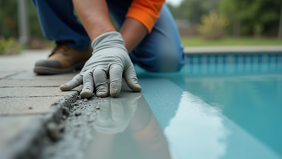 Eye-level view of a worker applying waterproof mortar on a pool crack