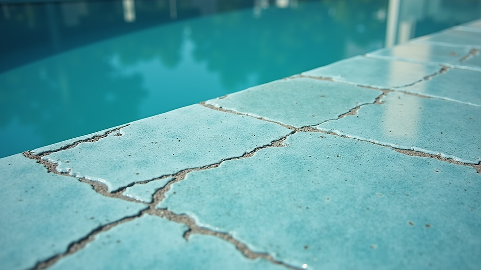 Close-up view of cracked gresite tiles in a swimming pool