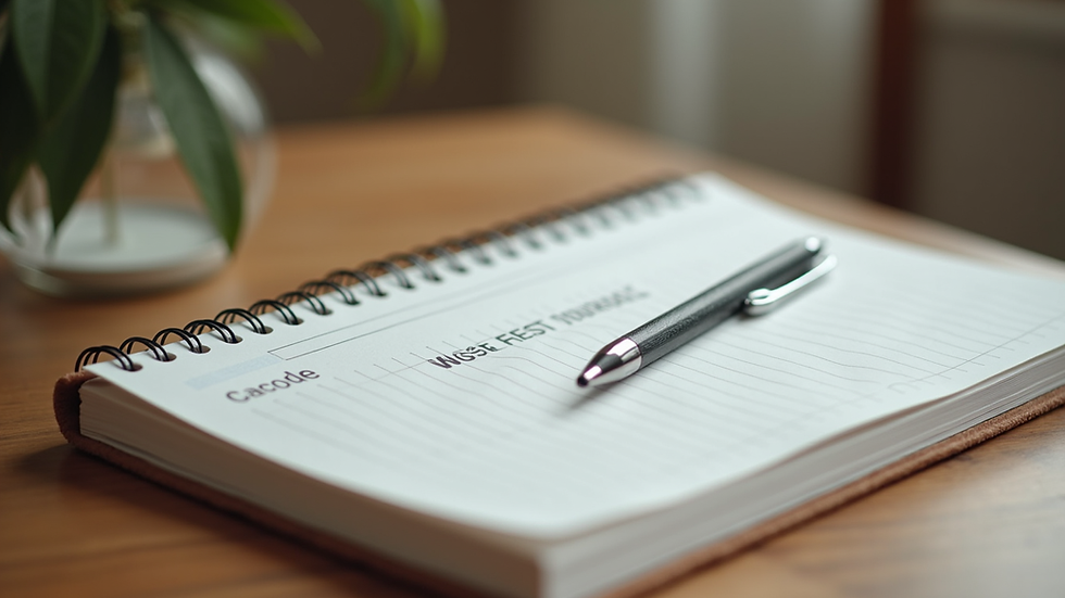 Close-up view of a wellness journal with notes and a pen on a wooden table