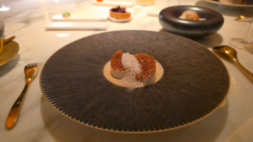 Enchantée dessert course on a wide textured dark plate with a cocoa-dusted dome and cream center, additional courses visible in the background, Disney Wish