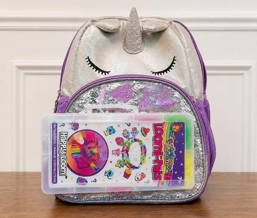 Silver unicorn backpack with purple trim and sequins, holding a Loomi-Pals Happy Loom kit in a clear case on a wooden table.