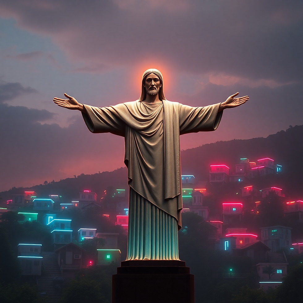 A imagem apresenta uma grande estátua de braços abertos, semelhante ao Cristo Redentor, em destaque no centro. Ela é iluminada por uma luz suave e possui um halo alaranjado ao redor da cabeça, criando um efeito de reverência e espiritualidade. O fundo mostra uma colina repleta de pequenas casas iluminadas por neon em tons vibrantes de vermelho, azul, verde e rosa, oferecendo uma atmosfera futurista e surreal. O céu está nublado, com tons mistos de rosa e cinza, sugerindo o entardecer ou o amanhecer, complementando o clima dramático e artístico da cena.