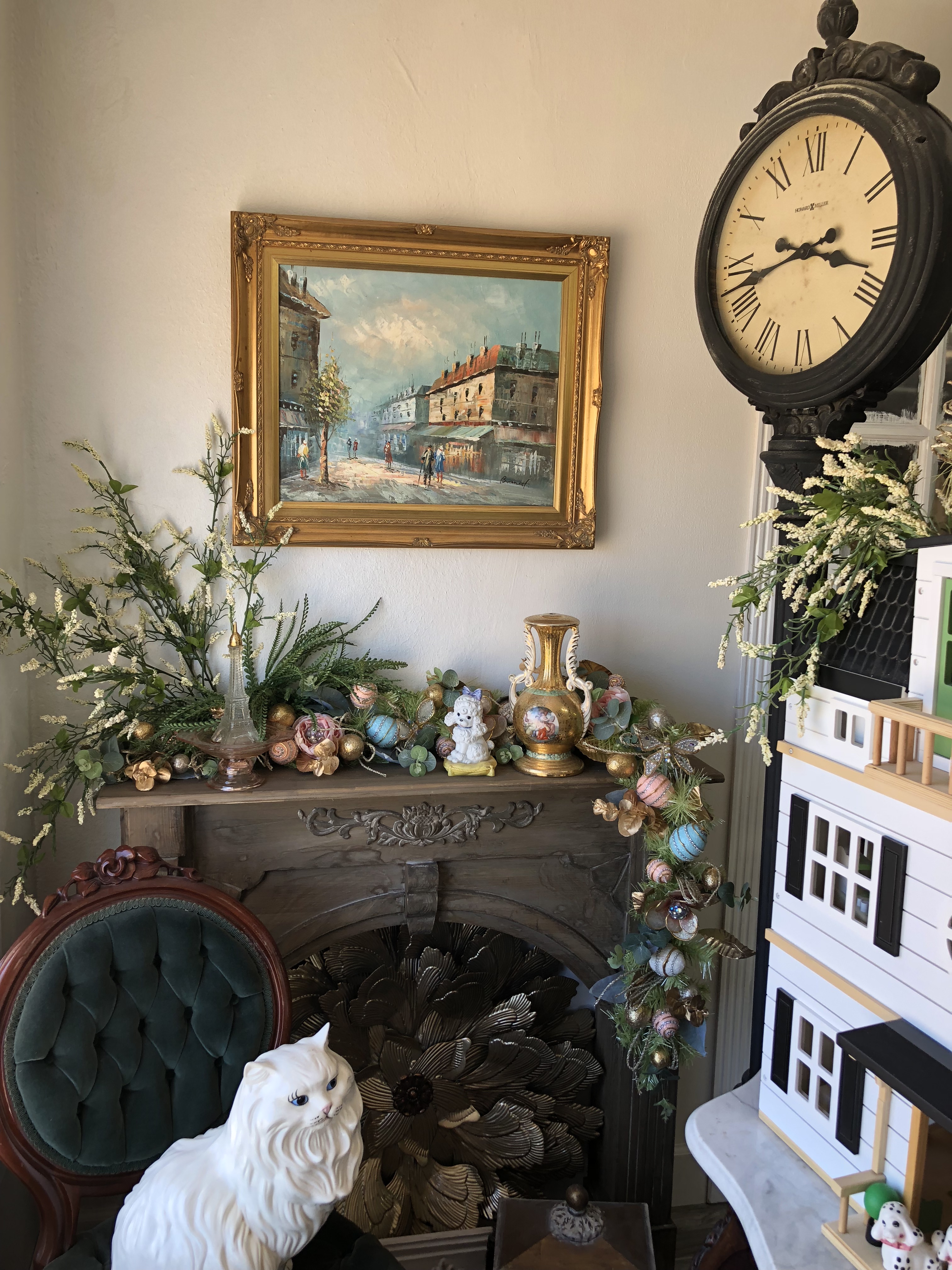 fireplace mantel and picture