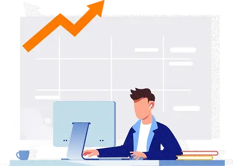 Man working on computer, upward graph, business growth