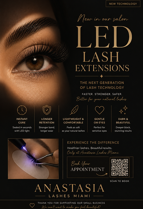 LED lash extensions at Anastasia Lashes Miami, showing instant cure and longer retention