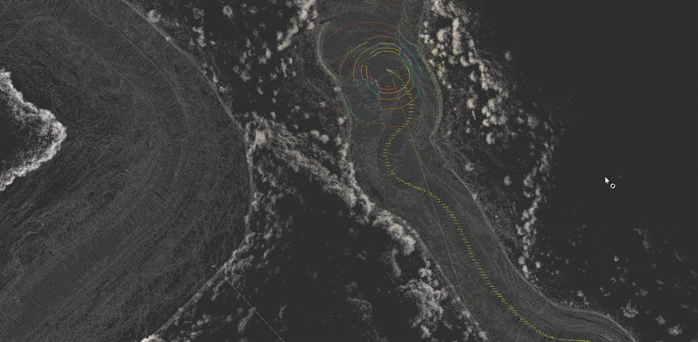 NDT localisation. The white point cloud represents the pre-recorded map and the rainbow point cloud the current LiDAR scan from the vehicle.
