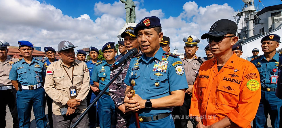 Panglima Koarmada II Laksda TNI I Gung Putu Alit Jaya memberikan keterangan pers di Dermaga Madura, Ujung Koarmada II, Surabaya