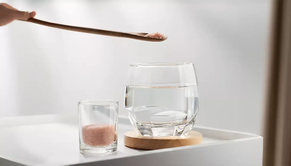 glass of water next to a glass of pink Himalayan sea salt getting ready to be added to the water on a wooden spoon.
