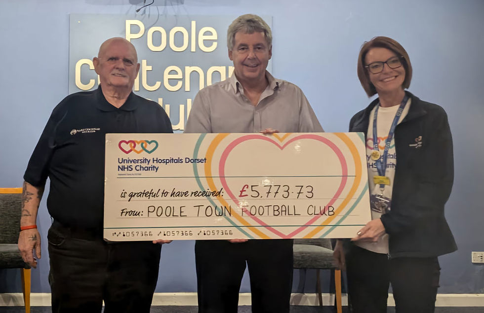 Richard Gale from Poole Town FC Kids Initiative (middle) presents the cheque to Janine Golding (right) from the UHD Charity, alongside Dick Thomas (left) from Poole Centenary Club, the venue hosts for the Race Night.