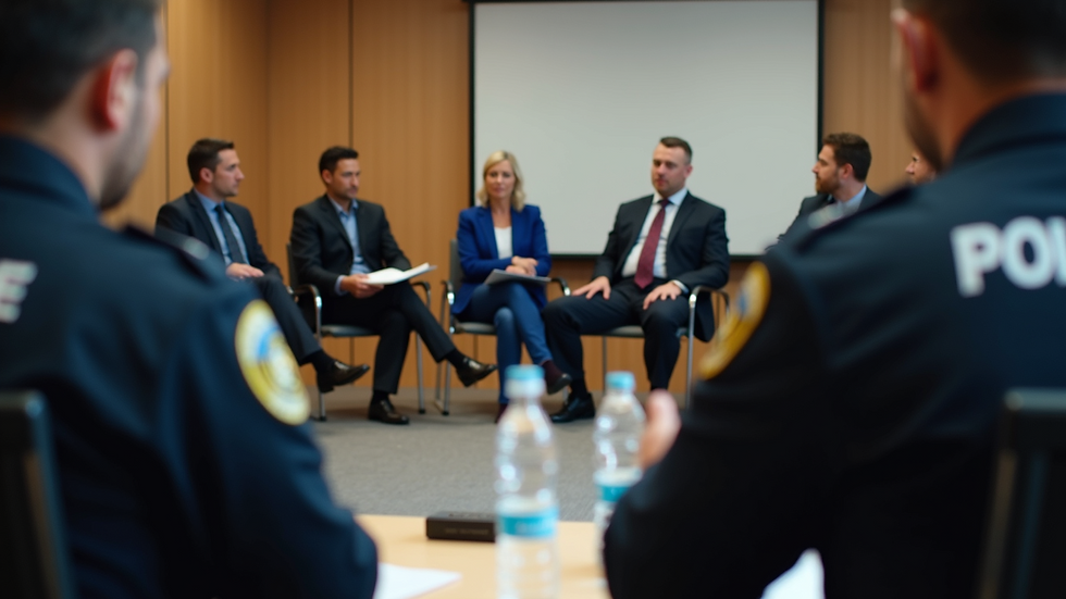 Eye-level view of a group of first responders engaging in a community forum discussion