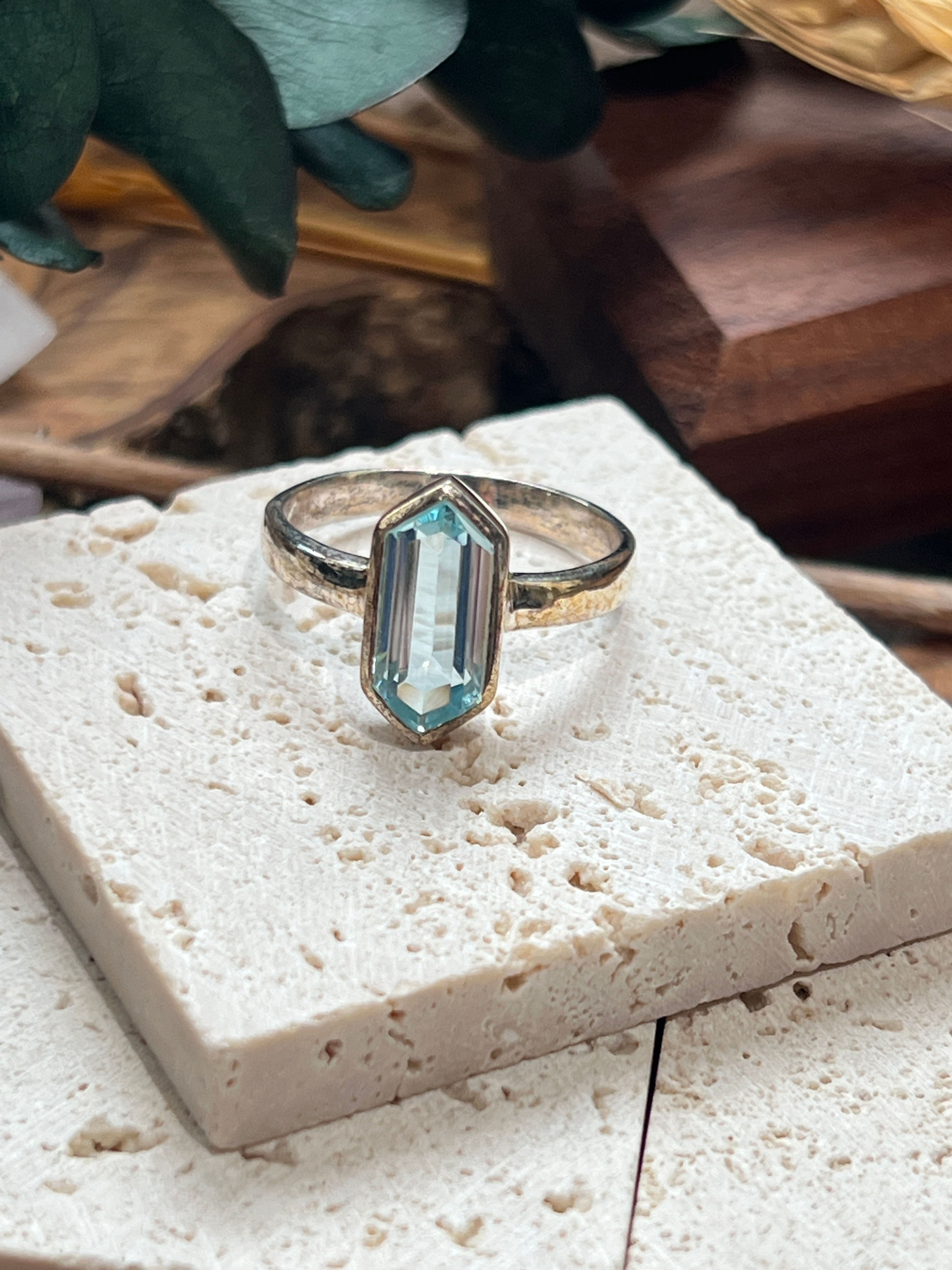 Blue Topaz Double Terminated Hexagon Sterling Silver Ring Decembe Birthstone