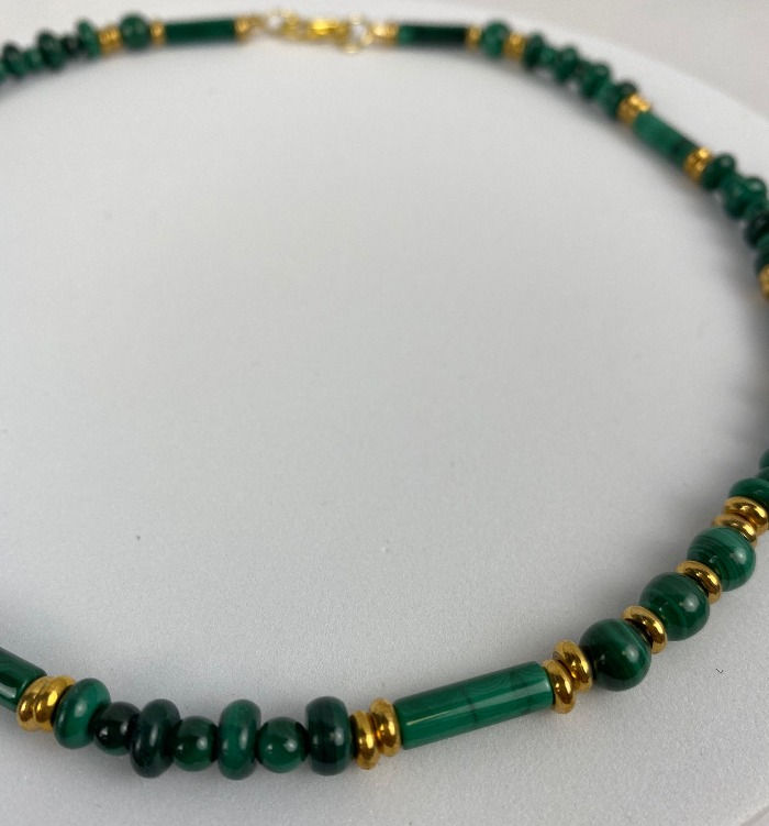 Thumbnail: Fine Malachite Brass Beads Necklace & Bracelet