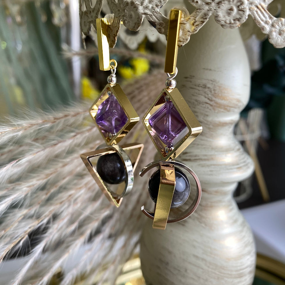 Thumbnail: Amethyst Obsidian Two Tone Geometric Earrings