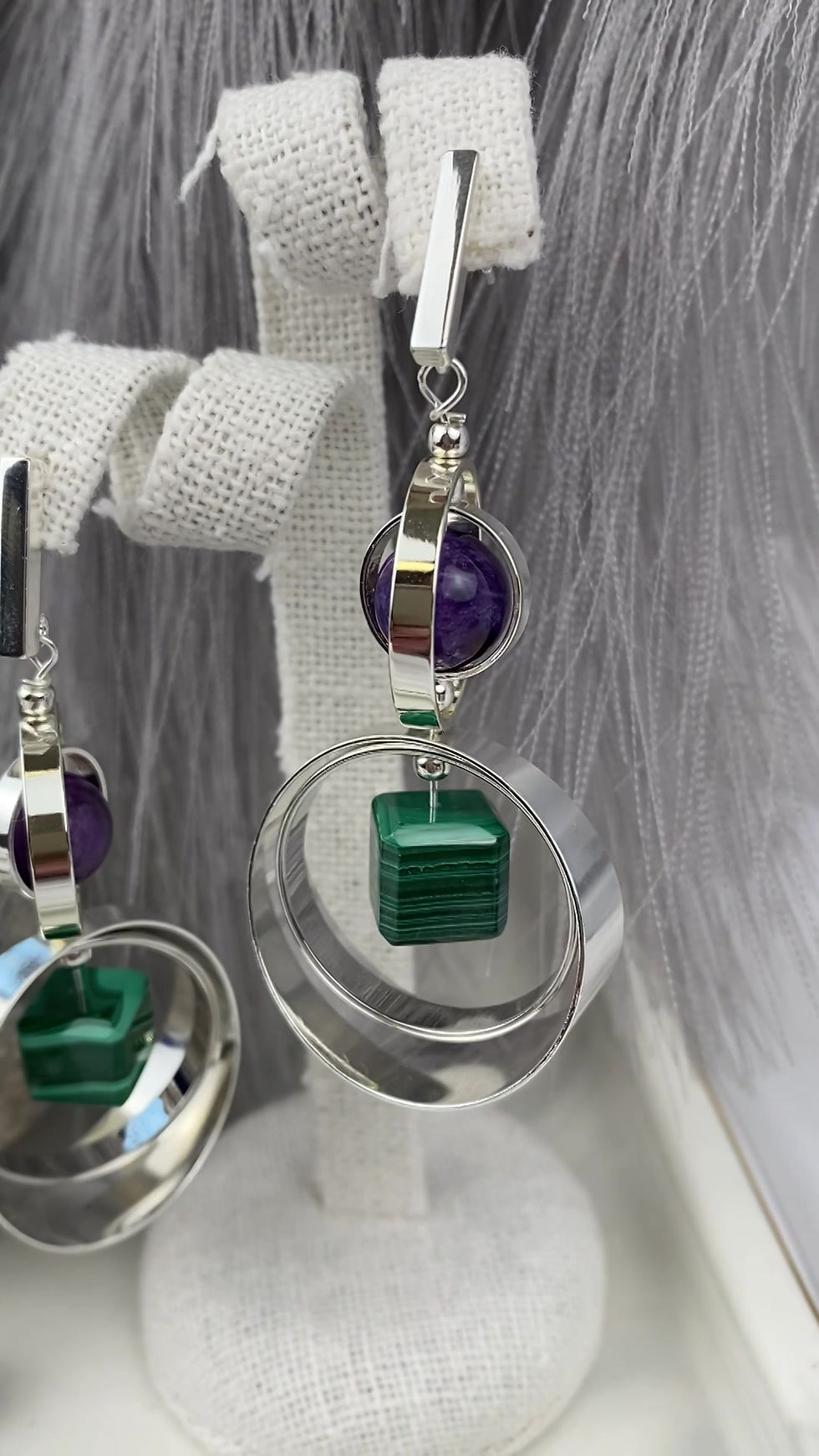 Thumbnail: Charoite & Malachite Silver Spinning Earrings